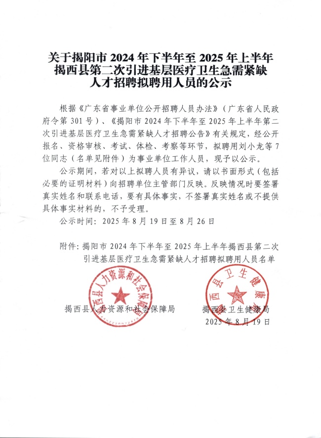 關于揭陽市2024年下半年至2025年上半年揭西縣第二次引進基層醫療衛生急需緊缺人才招聘擬聘用人員的公示.jpg